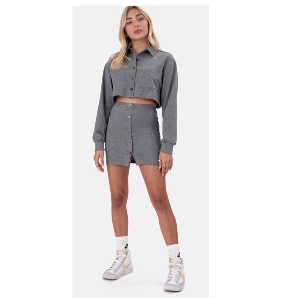 Adika Crop gray button down jacket and high waisted skirt set size XS
